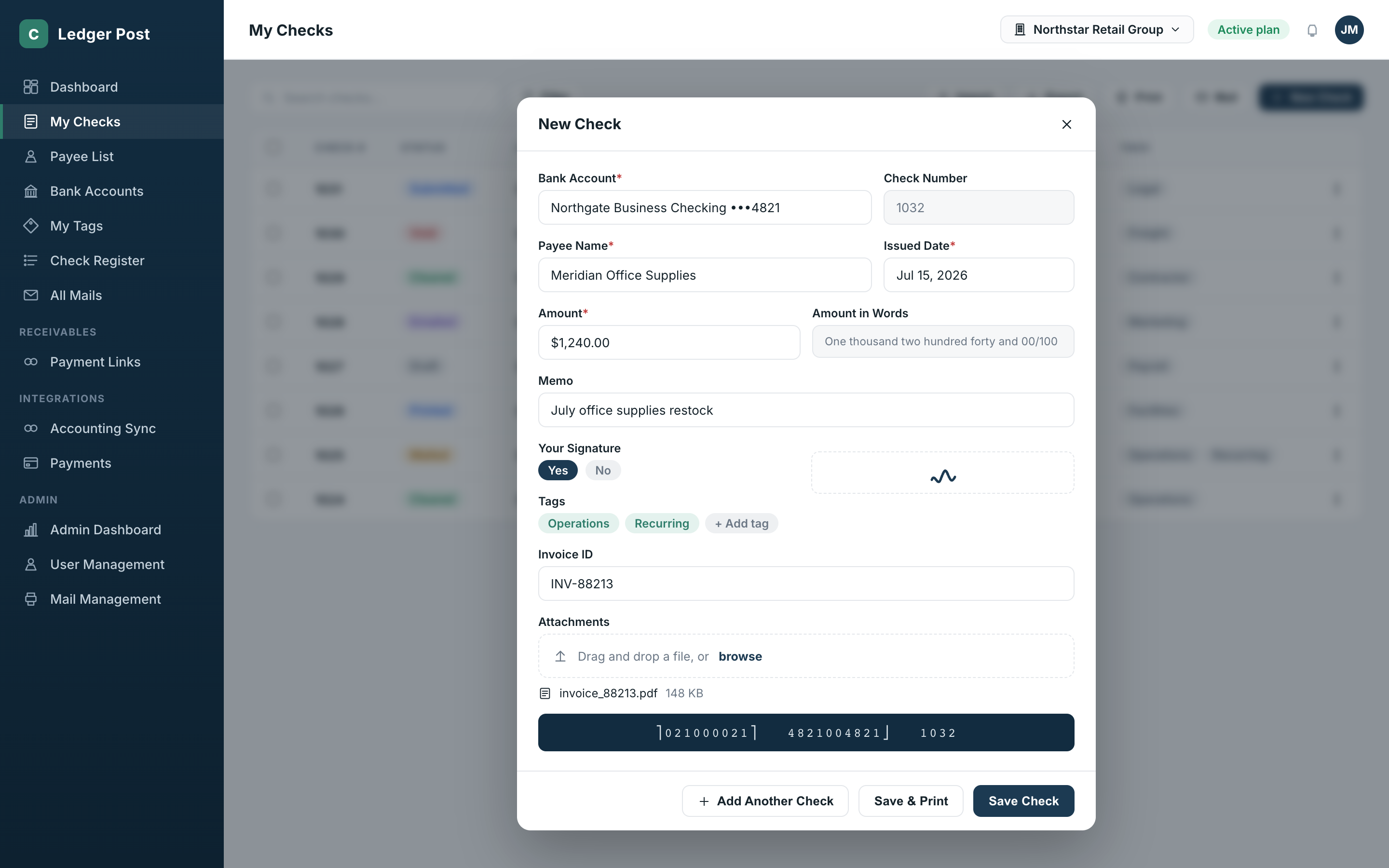 Creating a check